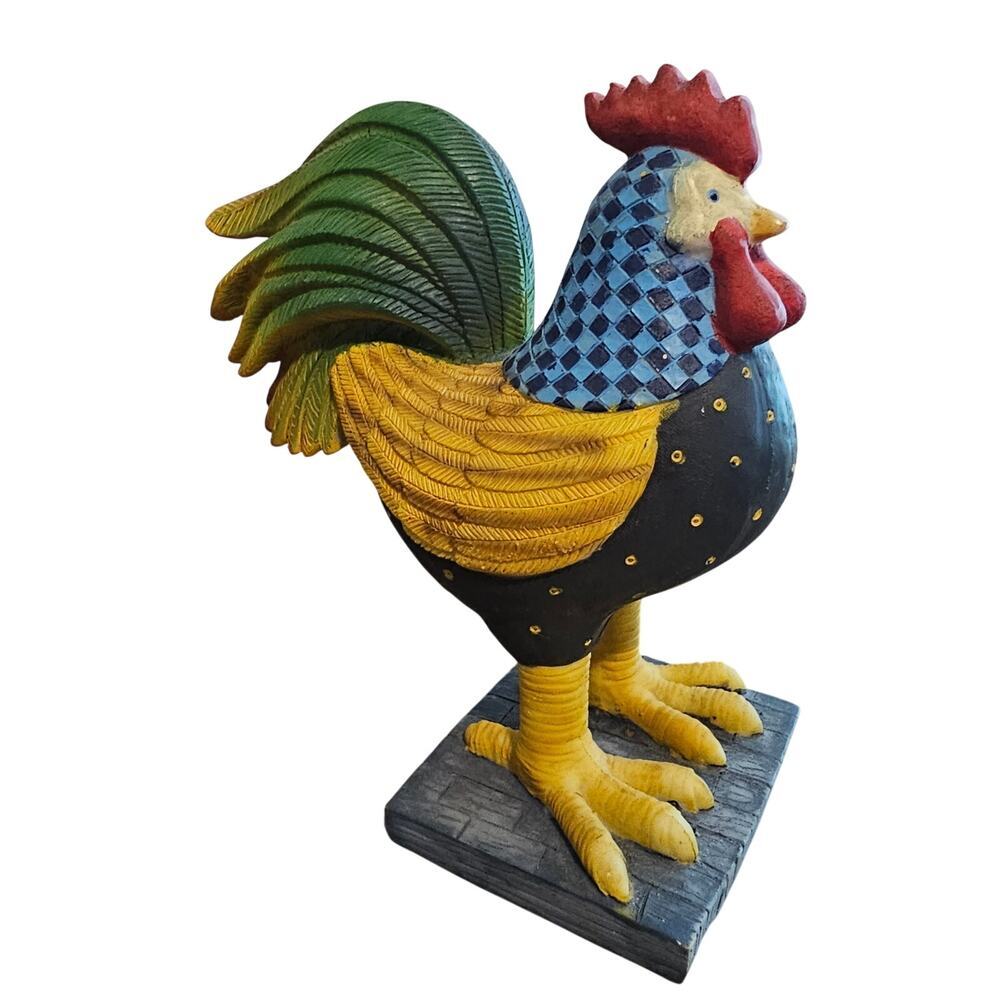 Vintage Dolgencorp Resin Rooster Statue Folk Art Patchwork Cottagecore Farmhouse